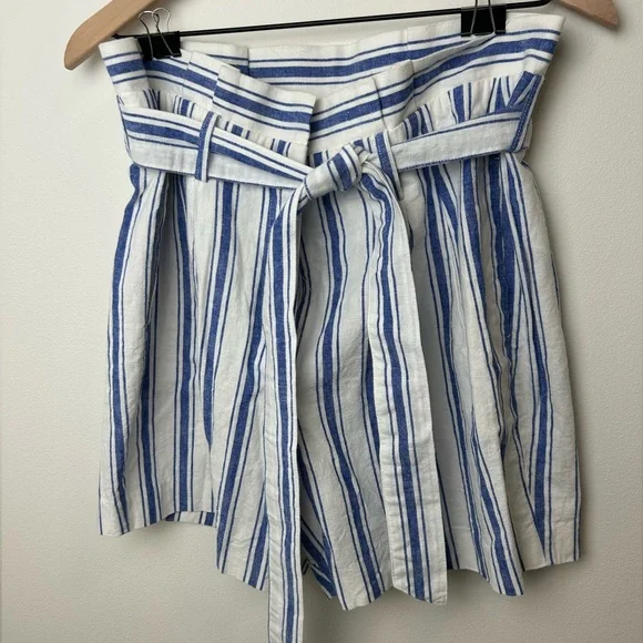 Boden Linen Blend Striped Tie Waist Paperbag Shorts Blue White Size 10 Medium - Picture 1 of 5